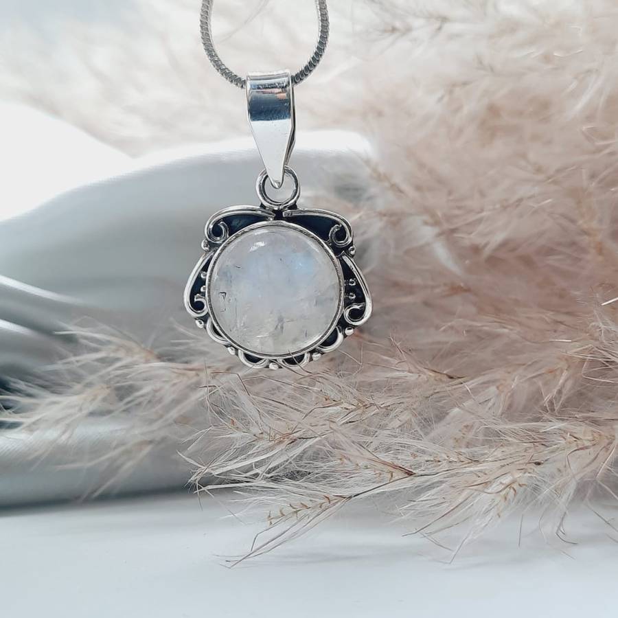 Sterling Silver Crystal Moonstone Cabochon Pendant