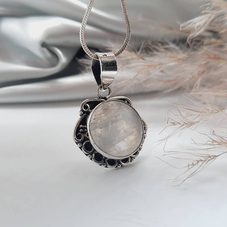 Sterling Silver Crystal Moonstone Cabochon Pendant