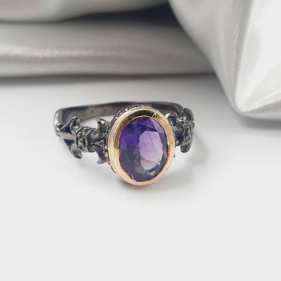 Rhodium Plated Sterling Silver Faceted Amethyst Crystal Ring