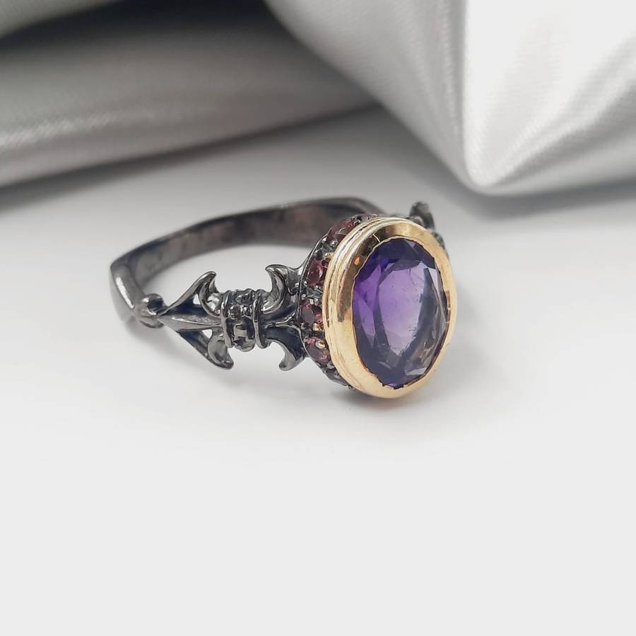Rhodium Plated Sterling Silver Faceted Amethyst Crystal Ring
