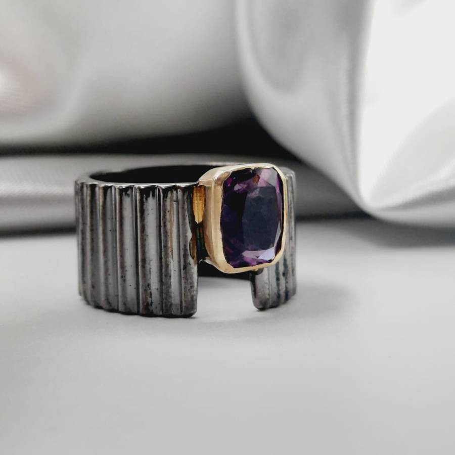 Rhodium Plated Sterling Silver Faceted Amethyst Crystal Ring