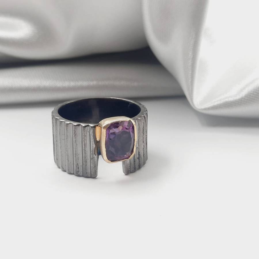 Rhodium Plated Sterling Silver Faceted Amethyst Crystal Ring