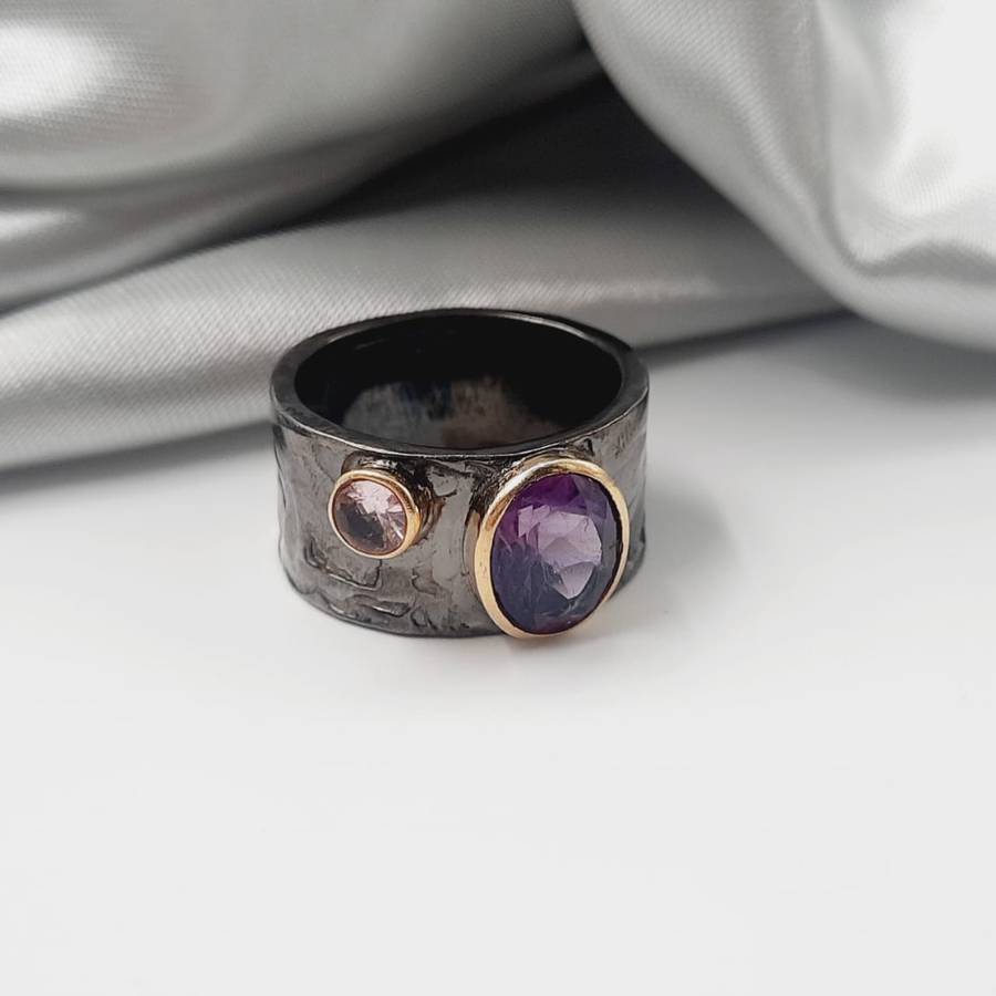 Rhodium Plated Sterling Silver Faceted Amethyst Crystal Ring