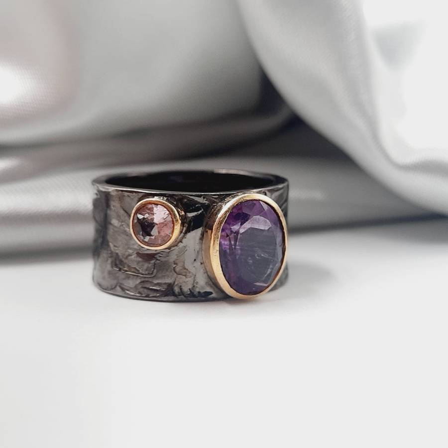 Rhodium Plated Sterling Silver Faceted Amethyst Crystal Ring