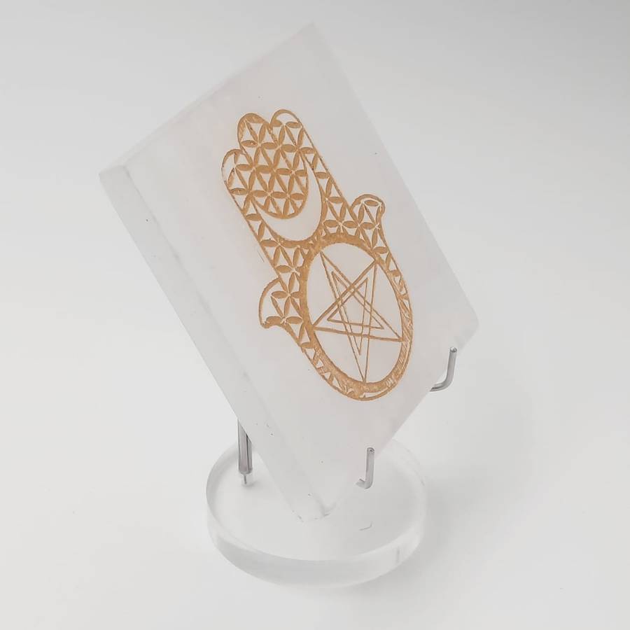 Golden Hand Of Hamsa Selenite Crystal Charging Plate