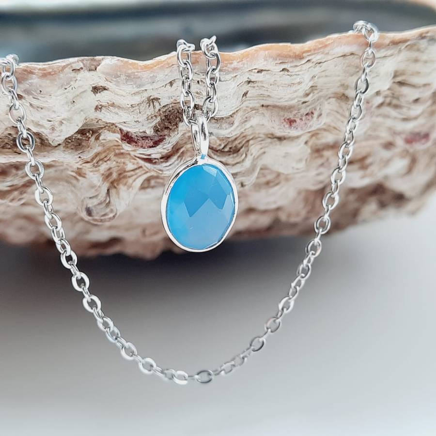 Sterling Silver Faceted Blue Onyx Crystal Oval Shaped Pendant