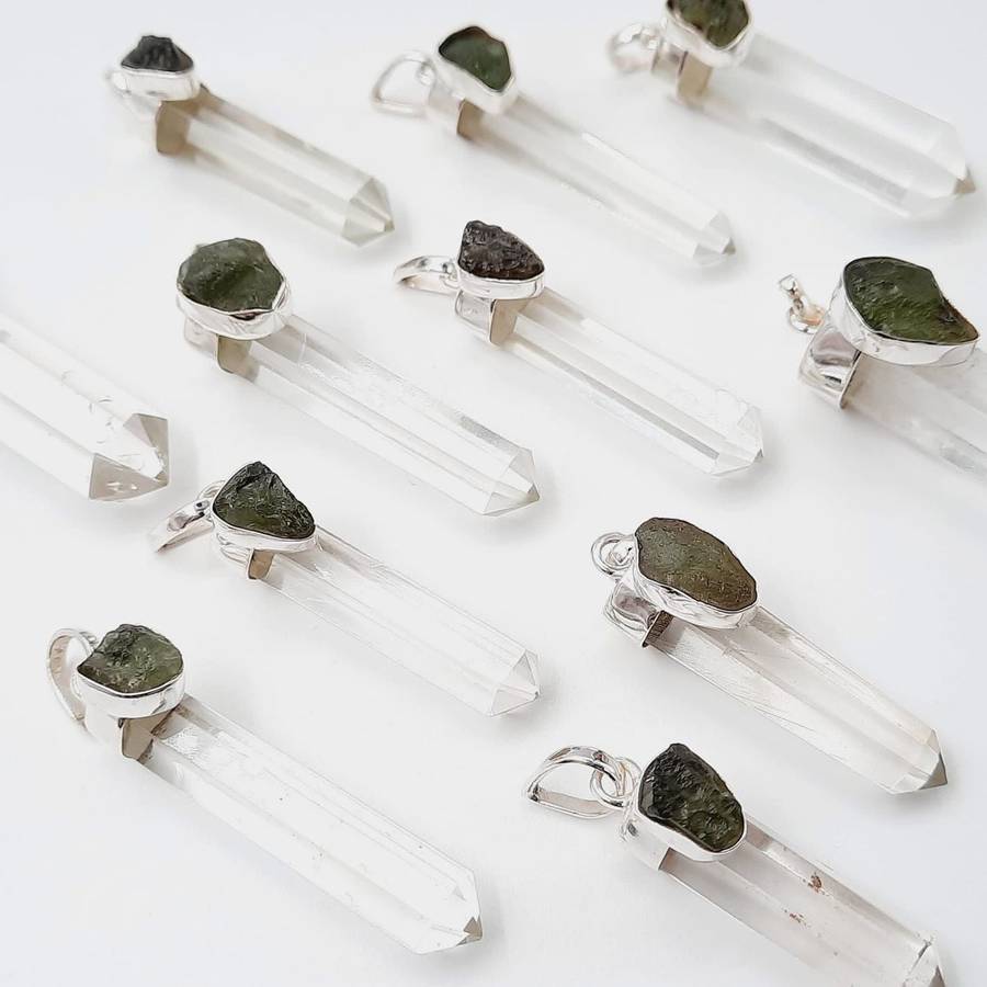 Moldavite and Clear Quartz Crystal Sterling Silver Pendant