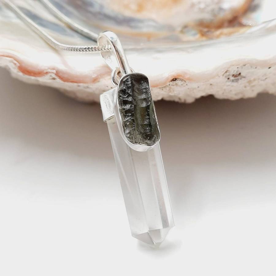 Moldavite and Clear Quartz Crystal Sterling Silver Pendant