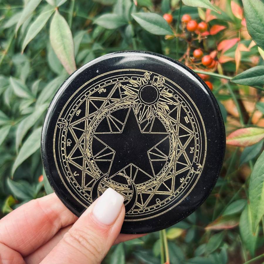 Sun, Moon Black Agate Amulet