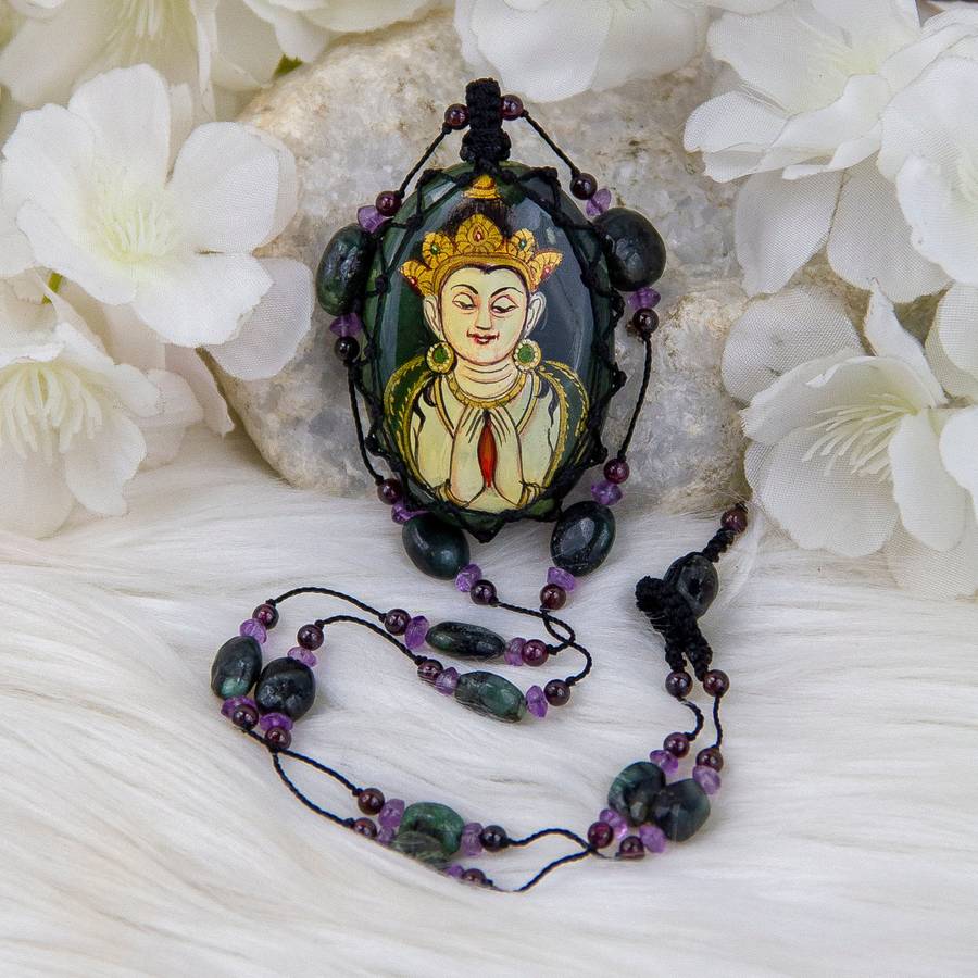 Chenretik Buddha Painted on Moss Agate with Amethyst, Garnet and Moss Agate Crystal Gemstone Beads