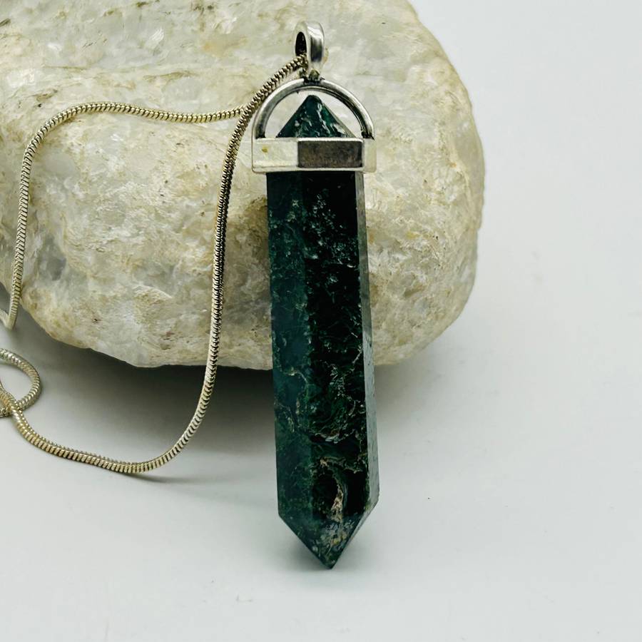 Men's Moss Agate White Metal Crystal Pendant