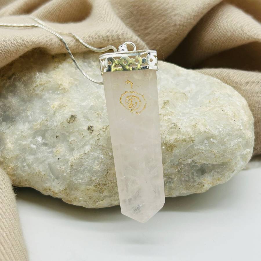 Rose Quartz Tabby White Metal Pendant With Reiki Symbol