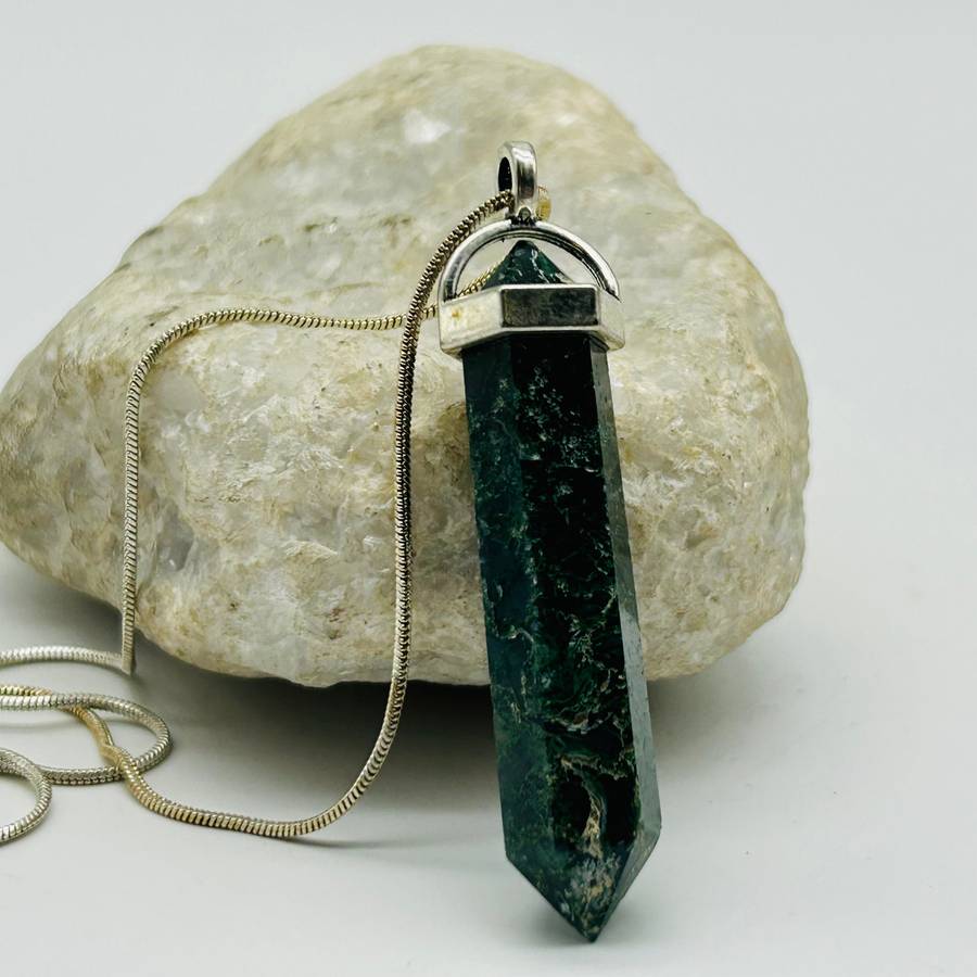 Men's Moss Agate White Metal Crystal Pendant