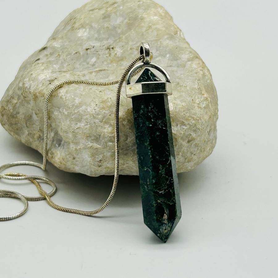 Men's Moss Agate White Metal Crystal Pendant