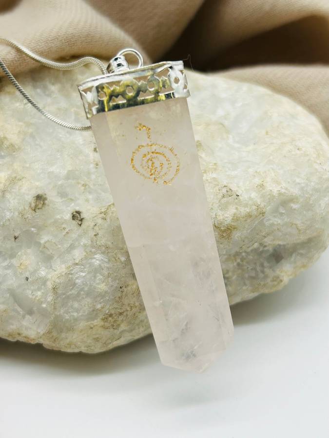 Rose Quartz Tabby White Metal Pendant With Reiki Symbol