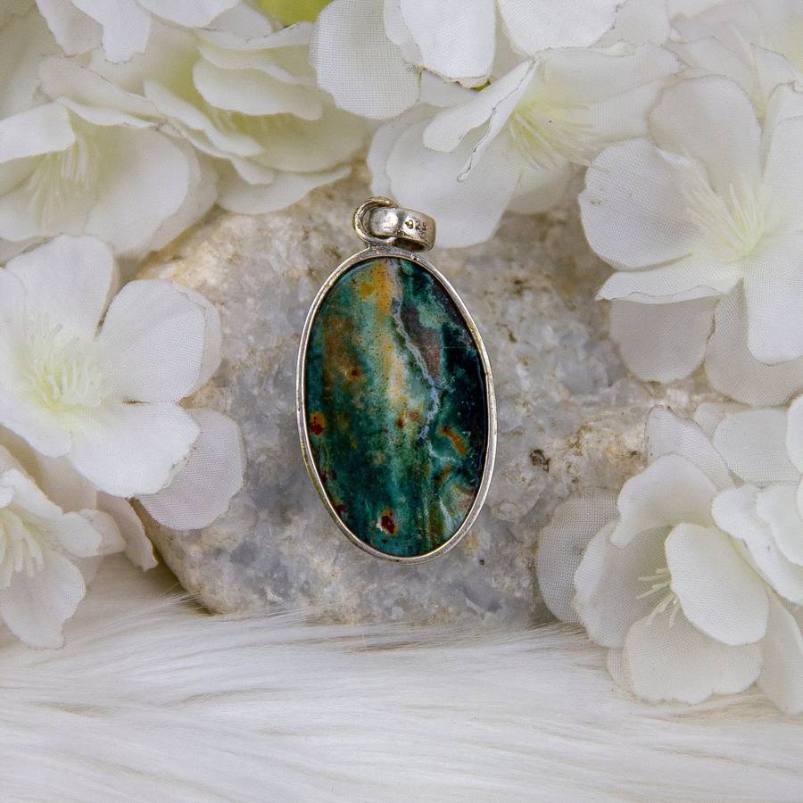 Sterling Silver Bloodstone Crystal Gemstone Pendant with hand-painted Lord Krishna Deity