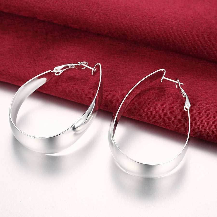 Lucky Silver - Silver Designer Oval Large Hoop Earrings - LOCAL STOCK - LSE018