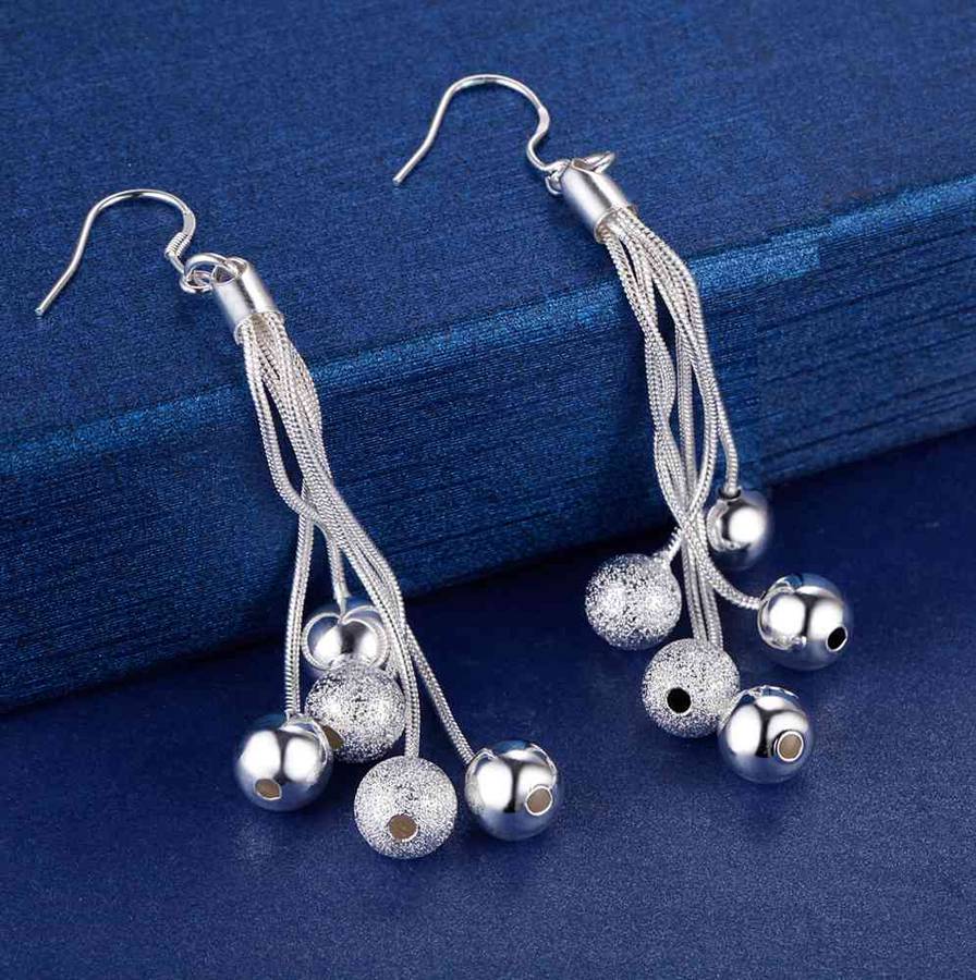 Lucky Silver - Silver Designer Ball on 5 String Dangle Earrings - LOCAL STOCK - LSE324