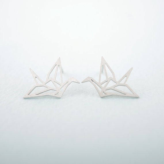 Silver Designer Origami Bird Earrings - Silver