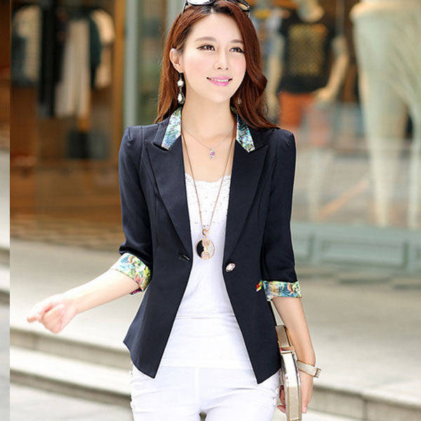 Women's Trendy Blue Notched Solid Blazer Coat - XXL / BLACK