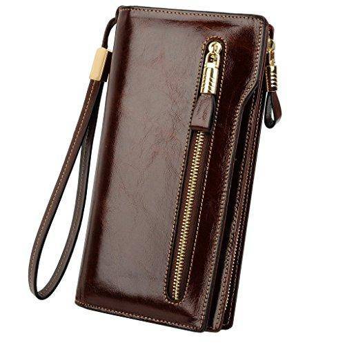 YALUXE Women's Large Capacity Luxury Waxed Leather Wristlet Wallet With Zipper Pocket