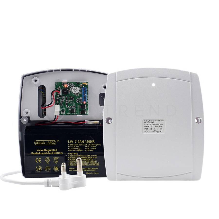 SherloTronics Battery Backup Power Supply 12V 3.2 Amp with Securi Prod 7.2Amp Battery