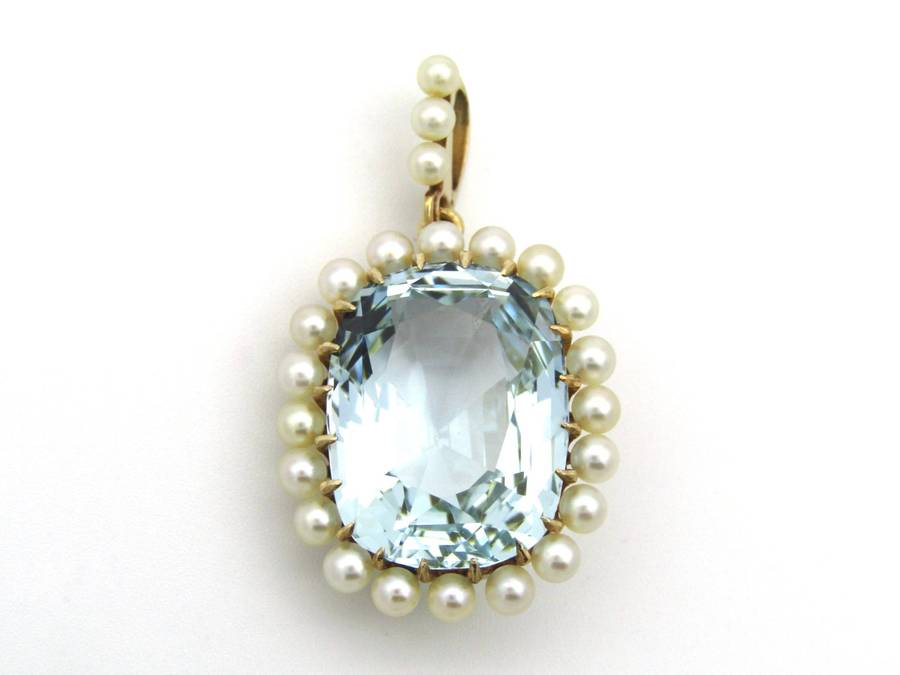 14K gold Victorian aquamarine and seed pearl pendant, circa 1880.
