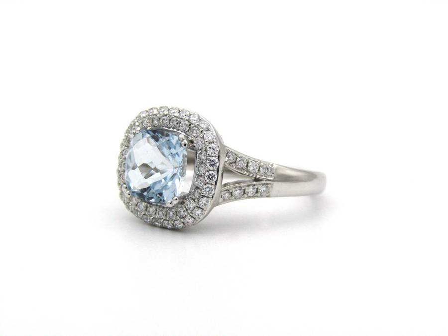 14K gold aquamarine and diamond double halo ring by Browns.
