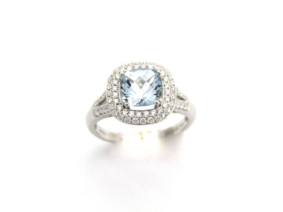 14K gold aquamarine and diamond double halo ring by Browns.