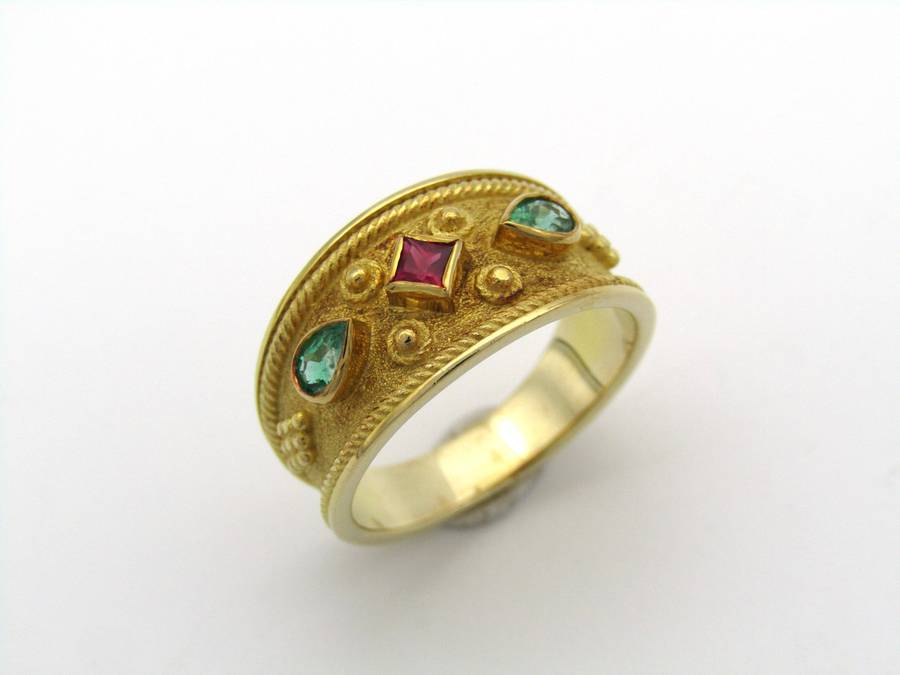 14K gold ruby and emerald ring.