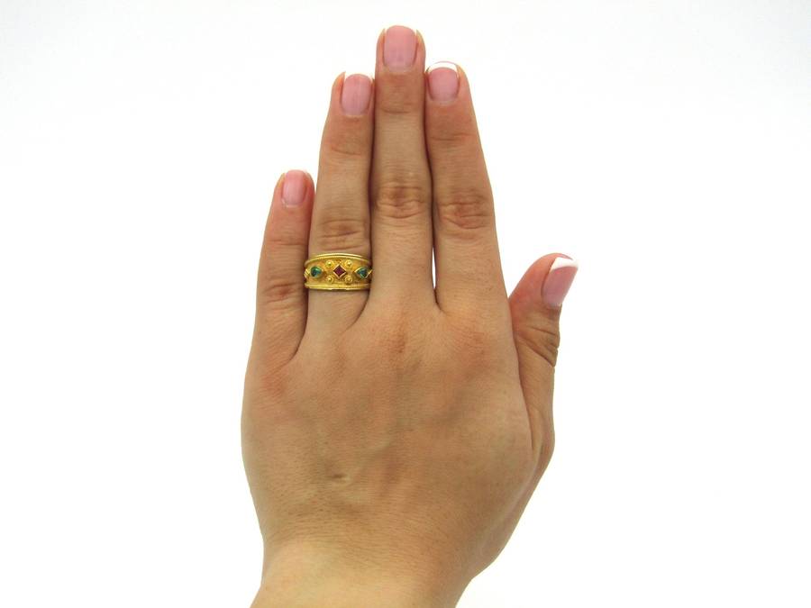 14K gold ruby and emerald ring.