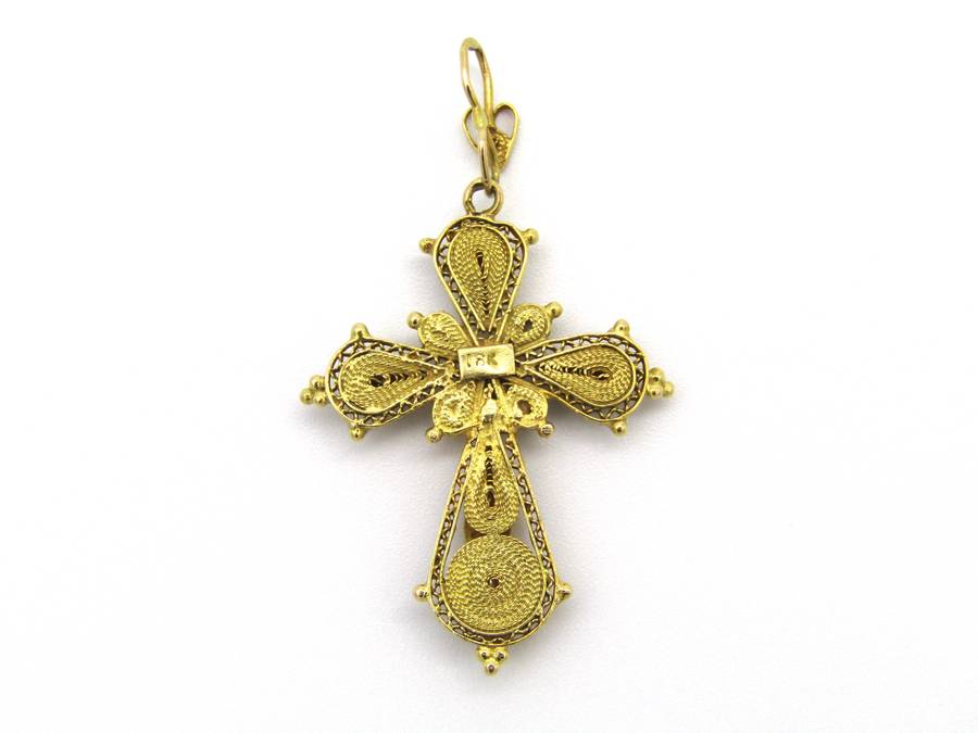18kt gold filigree ruby cross, Circa 1940.