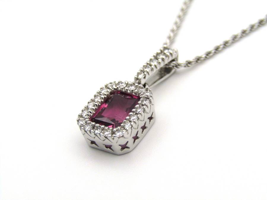 14K white gold Pink Tourmaline and diamonds pendant.