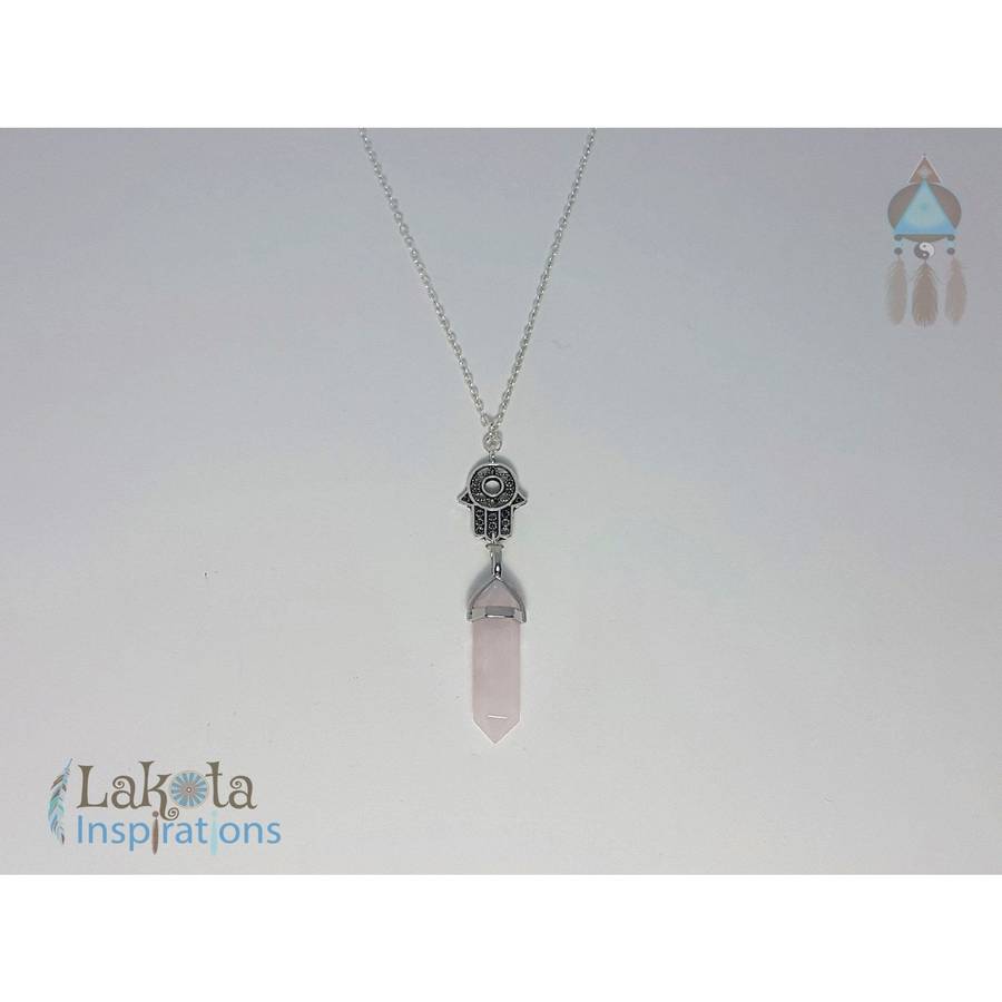 Rose Quartz Crystal Designer Charm Necklace (Assorted) - Clear Crystal Hamsa / Sterling Silver Chain