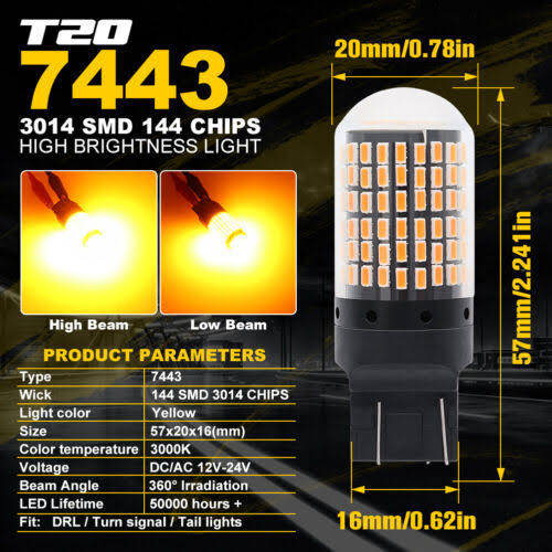 T20 LED Reverse 7443 3014 144 SMD Canbus Turn Light - Amber