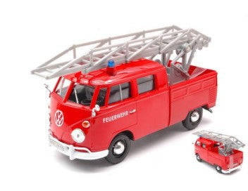 VOLKSWAGEN TYPE 2 T1 FIRE TRUCK WITH AERIAL LADDER RED 1/24, DIECAST CAR, COLLECTABLE CAR.