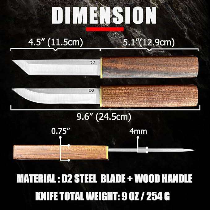 2PCS Katana Japanese Fixed Blade Knife with Wood Handle - D2 Steel Tanto Knife + Drop Point Knife...