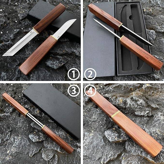 2PCS Katana Japanese Fixed Blade Knife with Wood Handle - D2 Steel Tanto Knife + Drop Point Knife...