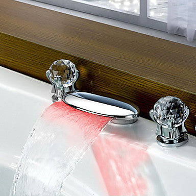 LED Widespread Waterfall Double Handles Three Holes for  Chrome  Bathroom Basin Sink Faucet