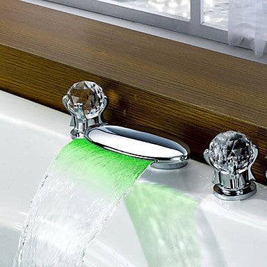 LED Widespread Waterfall Double Handles Three Holes for  Chrome  Bathroom Basin Sink Faucet