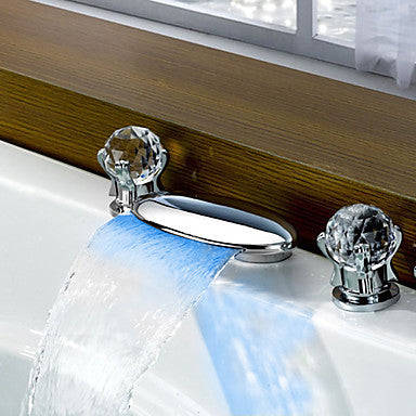 LED Widespread Waterfall Double Handles Three Holes for  Chrome  Bathroom Basin Sink Faucet
