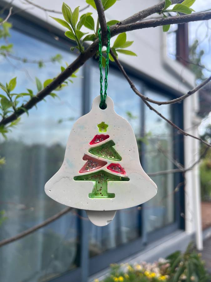 Christmas Bell Ornament with carved Christmas Tree