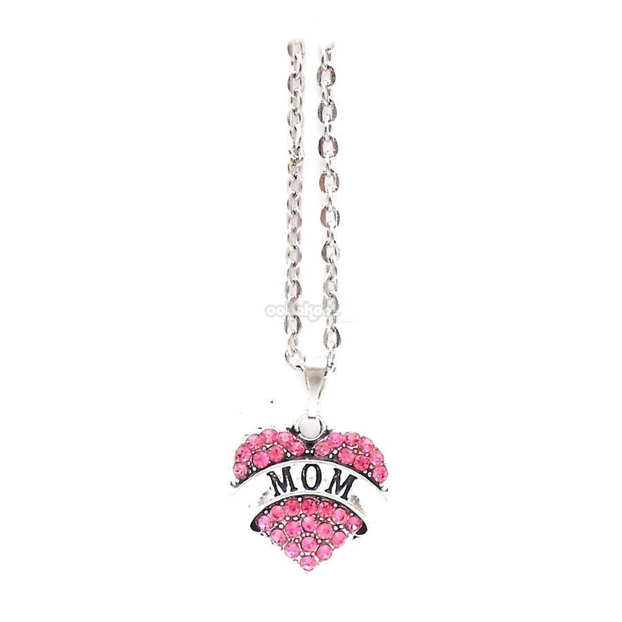 Mom / Heart Diamante Necklace / Various Colours - Pink