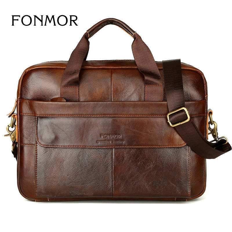 New Men Briefcases Genuine Leather Handbag Vintage Laptop Briefcase Messenger Shoulder Ba... - Brown