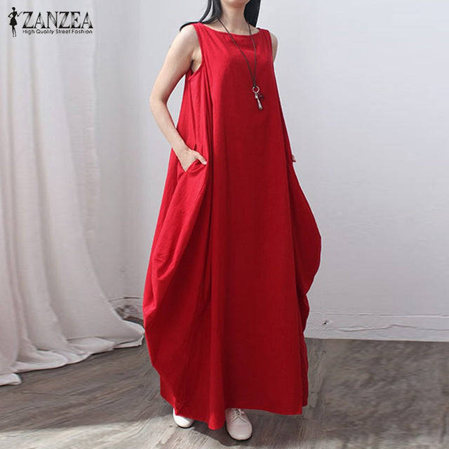 O Neck Sexy Dress Cotton Linen Long Maxi Dresses Casual Loose Retro Solid Plus Size - Red / XL