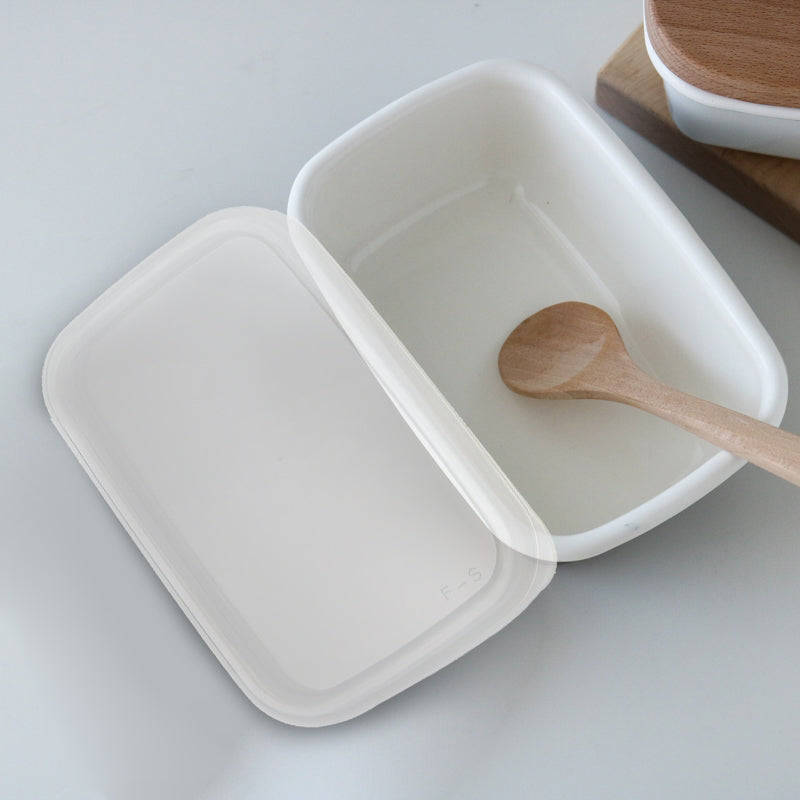 Enamel Rectangular Food Container Butter Dish with Plastic Lid (for 250g butter)