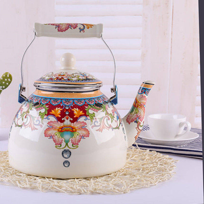 Agate Royal Enamel Flat Bottom Tea Pot Teapot with Strainer - Flower / 1.1LT