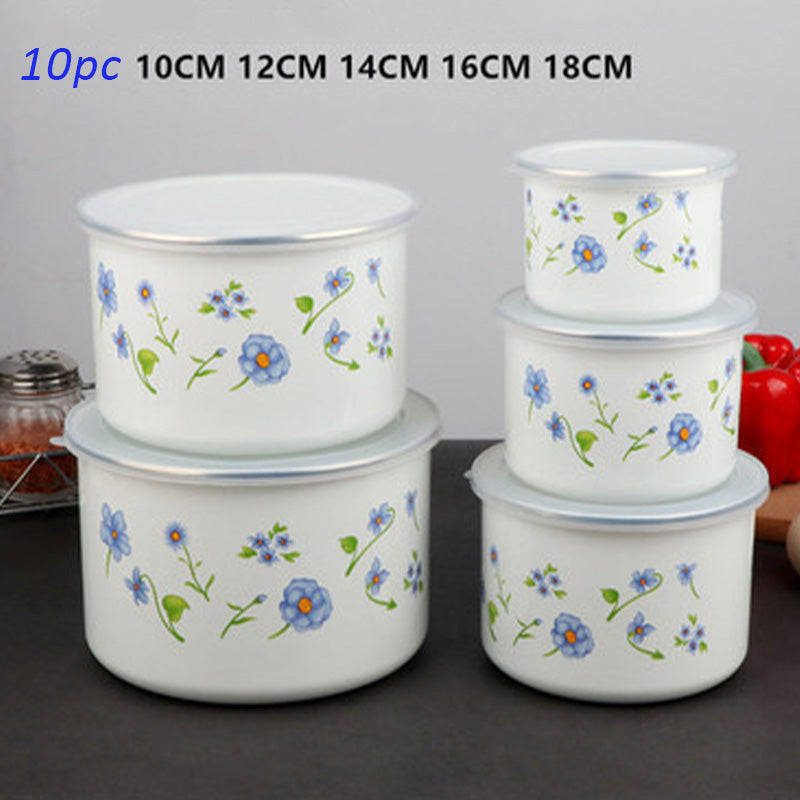 Agate Enamel Round Storage Box Set 10 Piece (5 bowls & 5 lids) - Tall Version