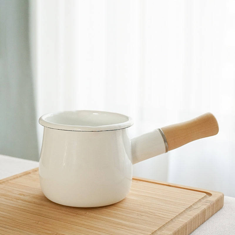 Agate Enamel Saucepan Milk Pan Mini Butter Warmer with Wooden Handle 10cm