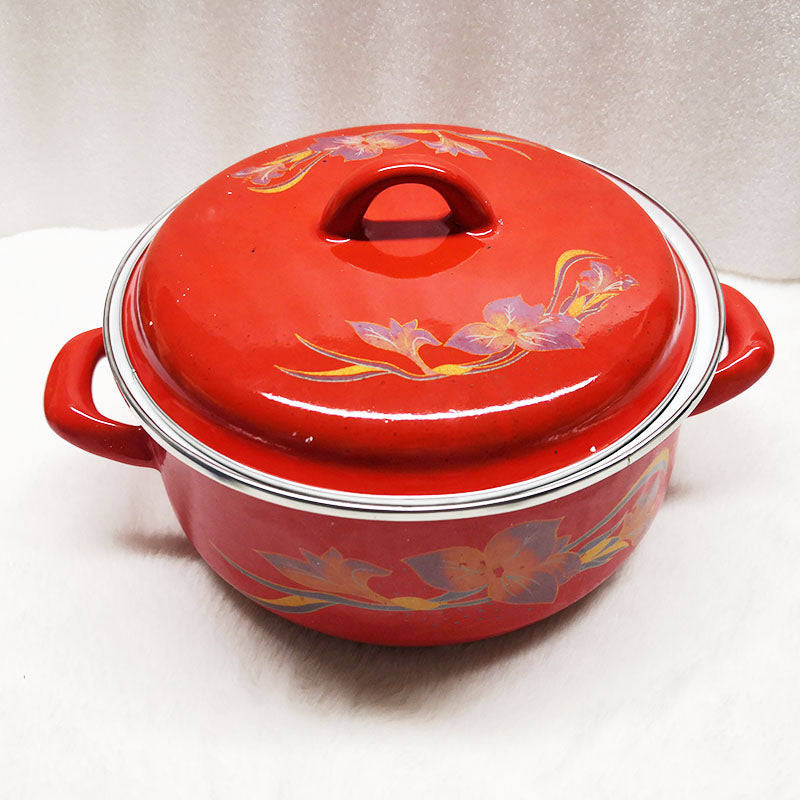 Defects Stock Clearance - Heavy Gauge Red Floral Enamel Pot - Red / 14cm